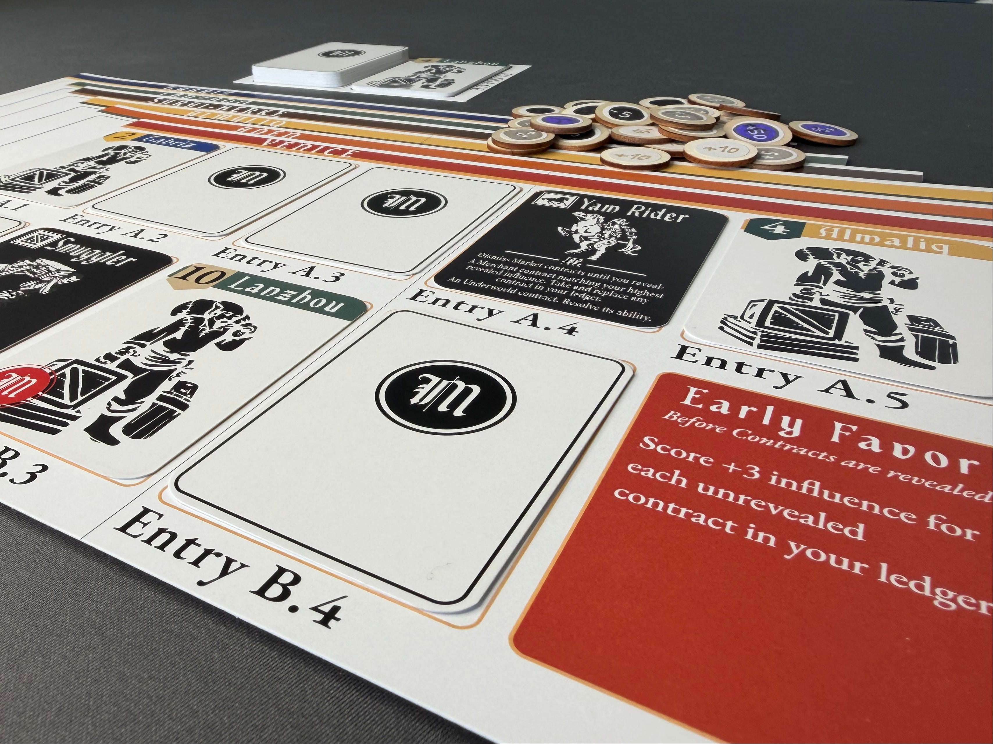 Board game components including cards and chips on a table